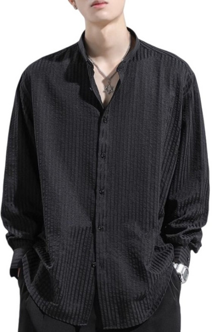 Makone 남성 봄 가을 캐주얼 루즈핏 스트라이프 블랙 셔츠 남방