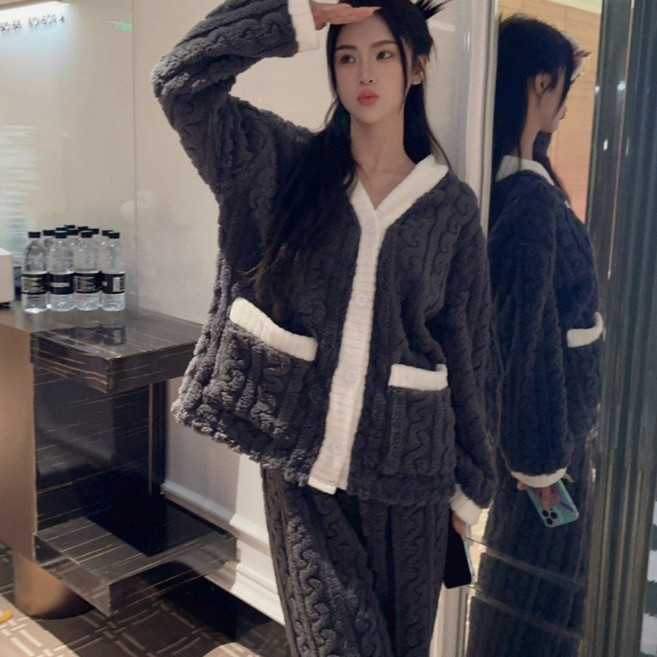 배색 극세사 수면잠옷 남여공용 커플잠옷 파자마 겨울