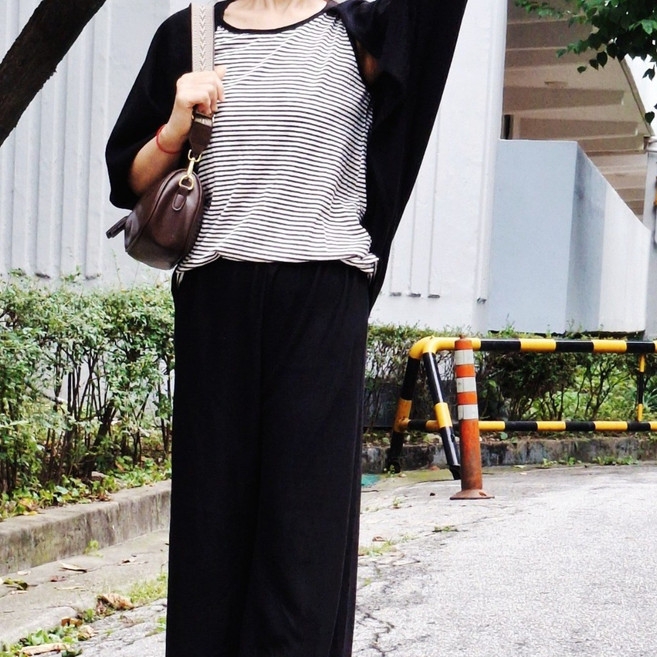 여성 울 루즈핏 스트라이프 일체형 가오리가디건 와이드팬츠 세트