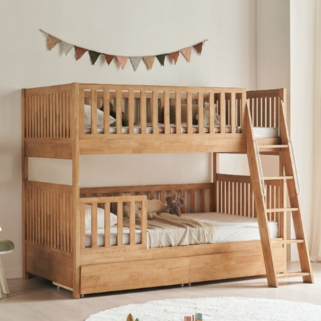 [3만원 즉시할인][스칸디아]시몬 프리미엄 원목 분리형 어린이 이층침대(100T 매트리스+100T 매트리스)+서랍 2EA(방수커버 증정), 내추럴
