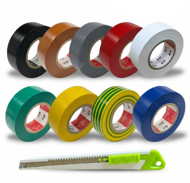 서통테이프 UL인증 PVC 심플 전기 절연 사계절 전기테이프 흑색1개+칼라8개 세트 커터칼 포함, 9개