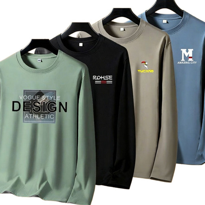 YLEMI 1+1+1+1 남자 봄가을 오버핏 프린팅 면 긴팔티 긴팔 티셔츠 패션 루즈핏 긴팔 이너 티셔츠 상의 4종 세트