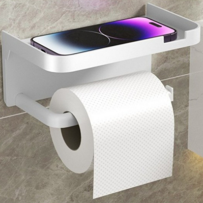 신혼부부 모던 무타공 강력접착 스테인리스 욕실 휴지걸이 스마트폰 거치 선반형 습기방지 세트, 1개, 흰색