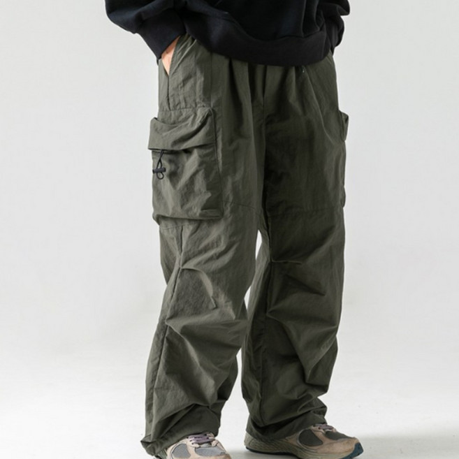코디코치 타이 카고 바지 남자 와이드 무릎 핀턱 스트링 밴딩 조거 팬츠
