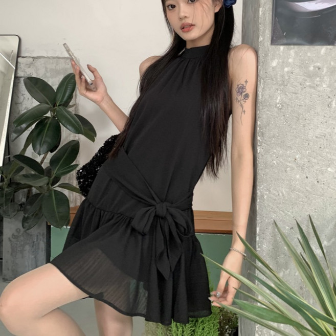 힙샵 여성 봄신상 민소매 타이 리본 미니 나시 홀터넥 원피스