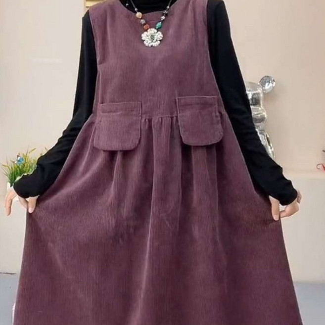 MOSAIRATION 여성용 무소매 롱 원피스 가을과 겨울용 따뜻한 코듀로이 드레스 포켓 장식 캐주얼 스타일 W18