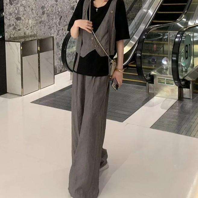 녕동 빅사이즈 여성 반팔티+와이드 팬츠 투피스 루즈핏 배색 라운드티 상하세트 통근 데일리룩