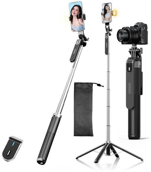 일체형 편리한 무선 휴대폰 셀카봉 삼각대 사각대 블루투스 스마트 리모컨 180cm, 검은색, 1개