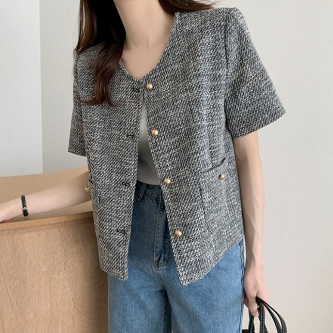 레이디 매직(lady magic) 여성 프렌치 심플 라운드넥 시크 트위드 반팔 자켓 정장핏 반팔 상의