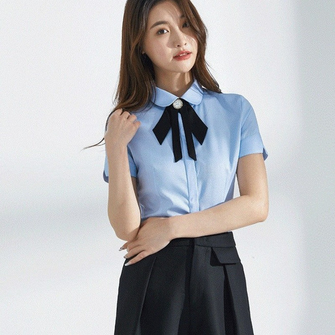 런어게인 여성 미나 반팔 셔츠 여름 리본 브로치 블라우스