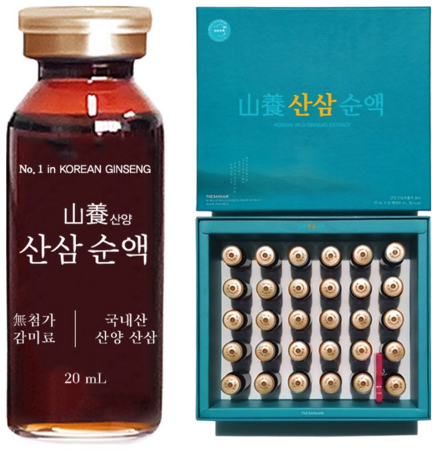 산삼순액 1박스(30병) 진세노사이드 Rb2 Re Rg3 의 합 14.0 mg (1병당) 산양 산삼추출액 항상성 활력 활기 기력 원산지: 국산(강원도)], 1세트, 600ml