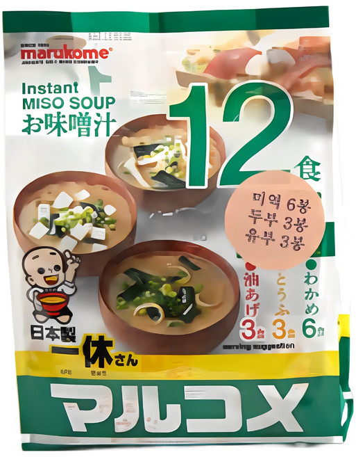 마루코메 잇큐상 간편한 즉석 미소시루 겐넨 (저염식품) 12식+추가상품 KF94마스크 2장 된장국 캠핑 혼밥 아침 저녁용 간편식사, 186g, 1개