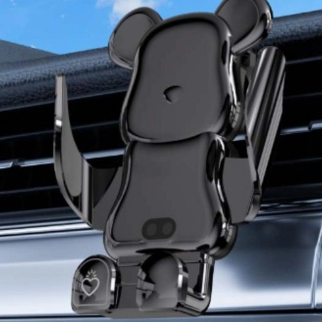케이엠 15W 고속 무선충전기 고리형 집게형 증정 곰돌이 차량용 핸드폰거치대, 블랙, 1개