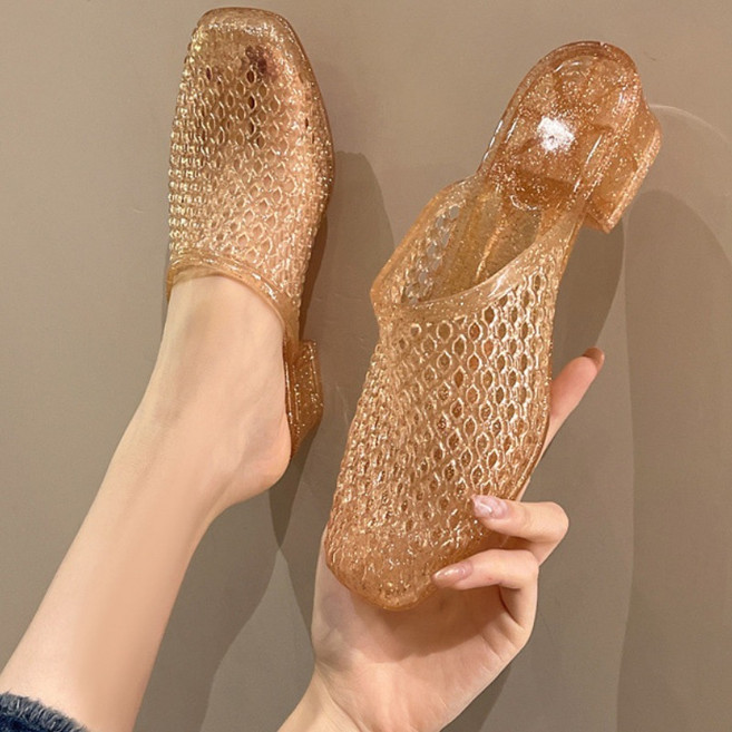 타임퓨어 여성 여름 샌들 4cm 로우힐 뮬 슬리퍼 샌들 여름 샌들 여자 웨지 젤리 샌들 블록 힐 할로우 젤리 샌들