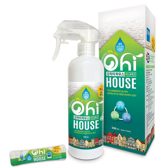 오하이하우스 새집증후군제거제 (1포 500mL 포름알데히드 99%제거 코로나19 바이러스 99.99% 사멸 테스트 완료 제품 ph농동 6(중성) 48ppm) +전용 미스트 분무기, 1개