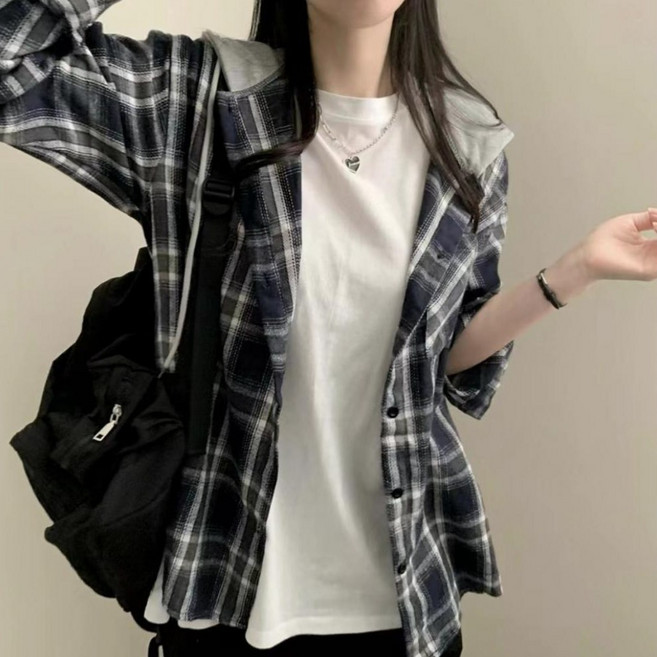 여성 체크 후드 셔츠 남방 간절기 후드 남방 여성 상의 오버핏