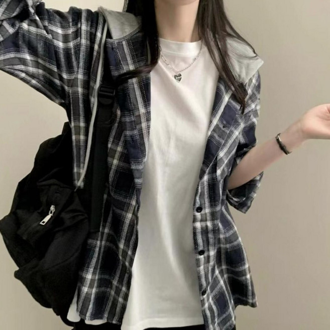 여성 체크 후드 셔츠 남방 간절기 후드 남방 여성 상의 오버핏