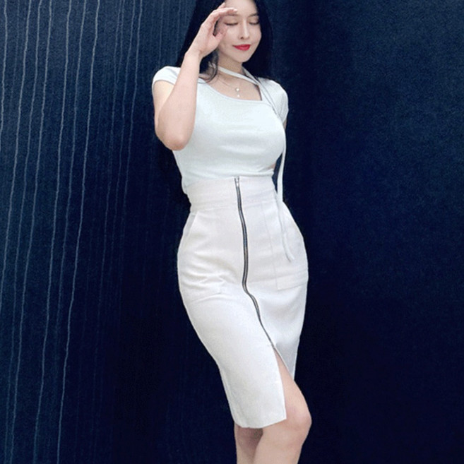 하이웨스트 포켓지퍼 미디스커트 H앞지퍼치마