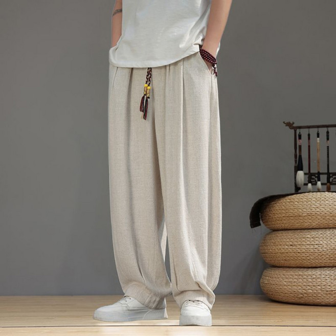 WEIHAN 남성 캐주얼 면 마 와이드 배기 팬츠 빅사이즈 시원한 린넨 조거 팬츠 여름바지 데일리룩