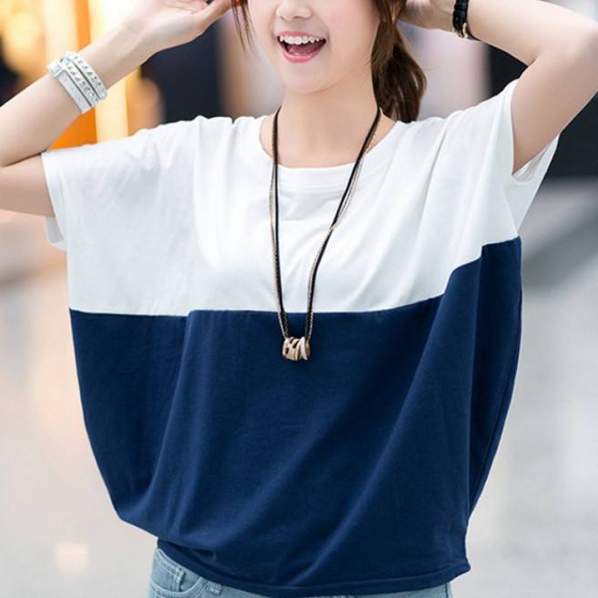 쁘띠꼬모 여성 라운드넥 가오리 배색 반팔티 오버핏 배색 디자인 캐주얼 봄여름