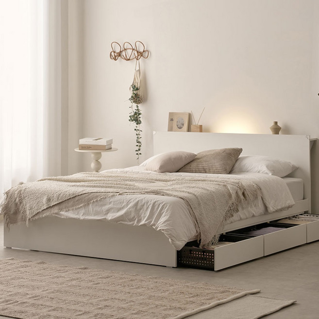 100%국내생산 친환경E0 3서랍+LED프레임+양면매트본넬 플랫침대 S SS Q, 프레임+본넬매트리스, 화이트