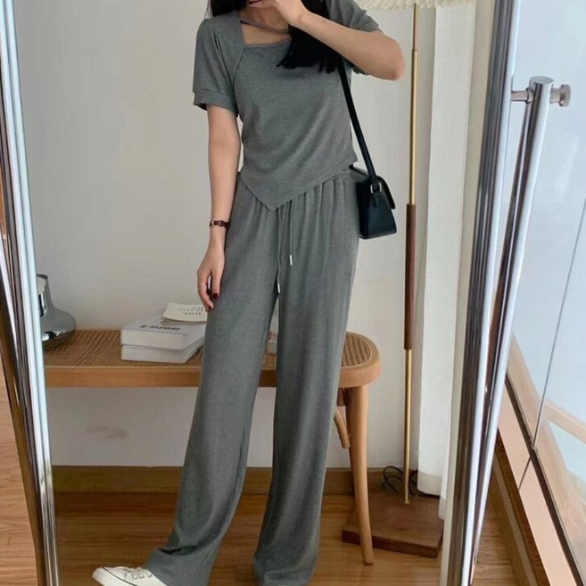 女 夏季運動休閒套裝 短袖U領上衣 顯瘦闊腿長褲 涼感舒適兩件組 夏天必備顯瘦套裝 a0088