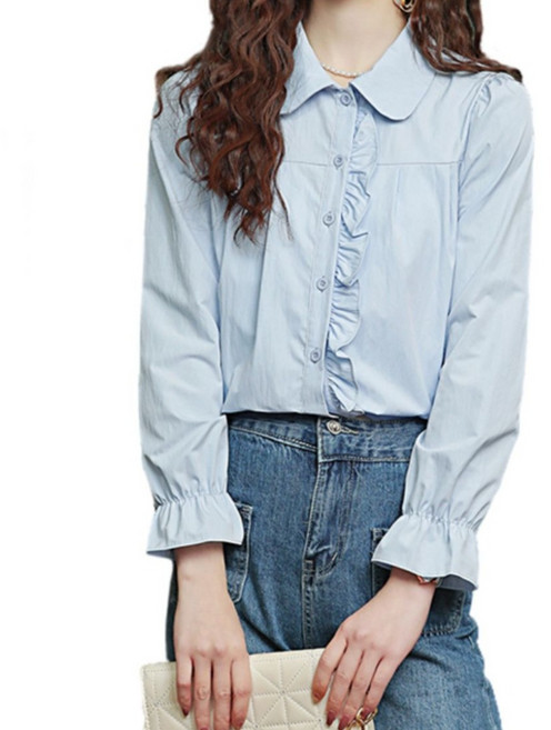 Makone 여성 카라넥 긴팔 블라우스 앞단 프릴 패츠 포인트 캐주얼 셔츠