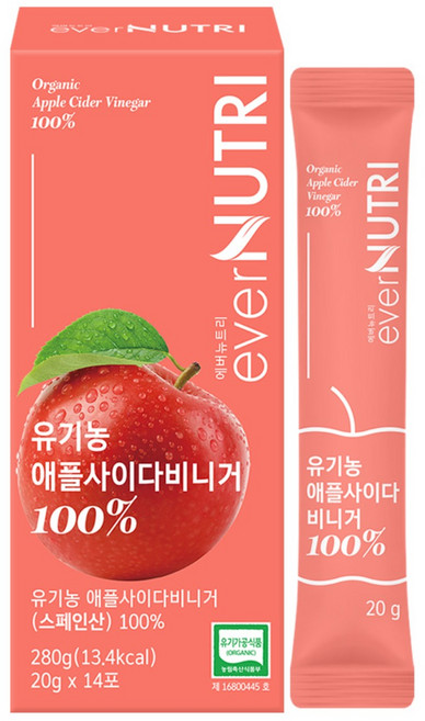 에버뉴트리 스페인산 유기농 애사비 100% 애플사이다비니거, 4개, 280g