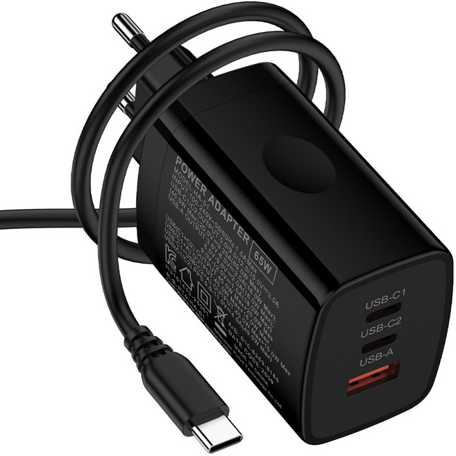 ANNIBER PD3.0 PPS2.0 65W C타입 GaN 3포트 초고속 멀티충전기+PD 60W 충전 케이블 아이폰17 삼성 갤러시S25/24 Z폴드7/6/5 Z플립7/6/5 호환, 1세트, 블랙