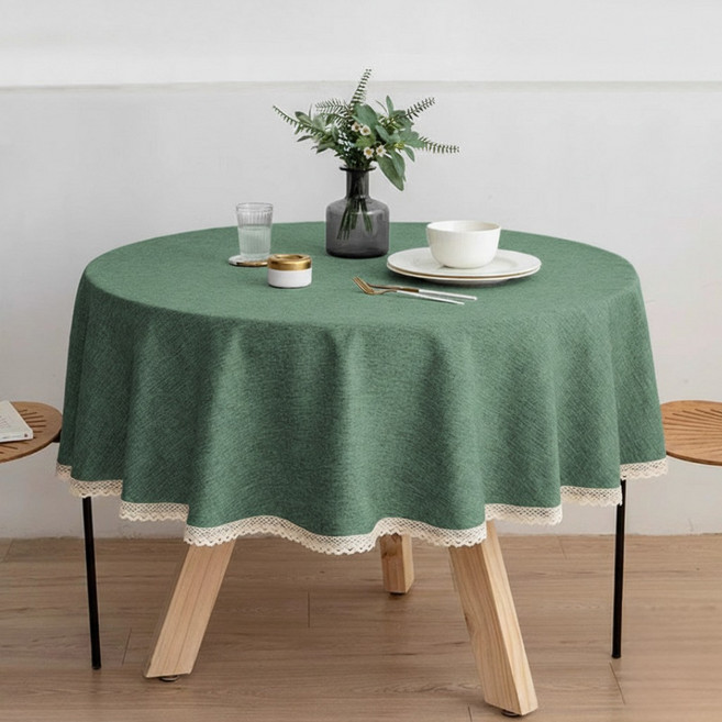 아지랩 모던 레이스 원형 방수 식탁보, 1개, 120cm, 올리브 그린