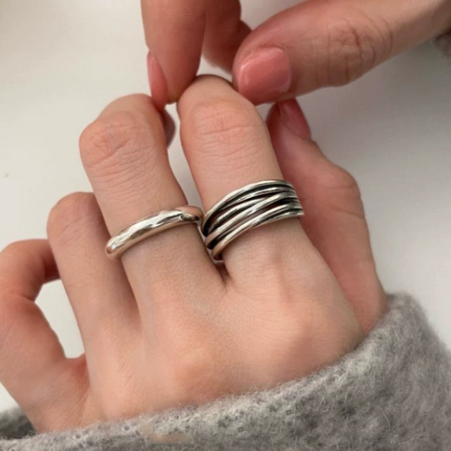 [2개 세트] 앤티크 믹스 라인 925 실버링 / 빈티지 감성 레이어드 은반지