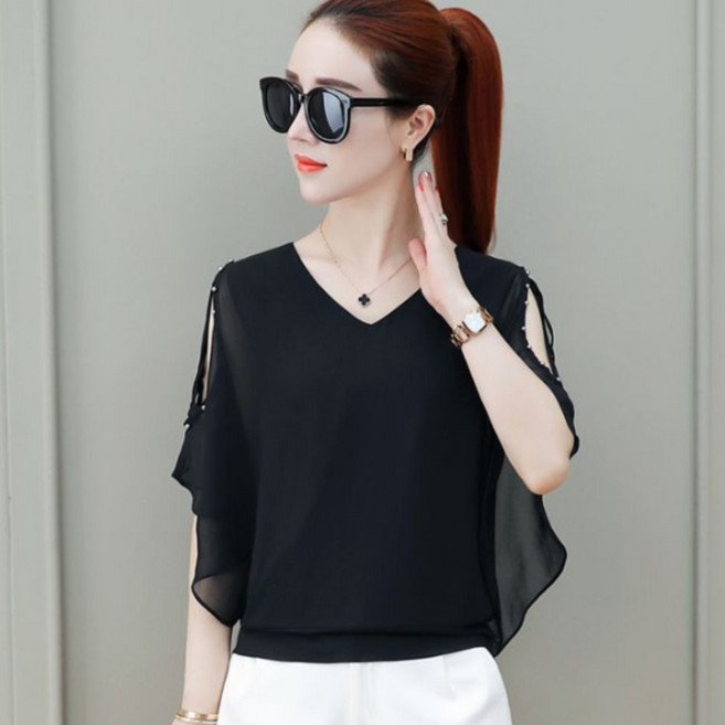 여성용 라인댄스 라틴댄스 브이넥 오프숄더 블라우스 티셔츠 연습복 뉴타임즈 Women's T-shirt