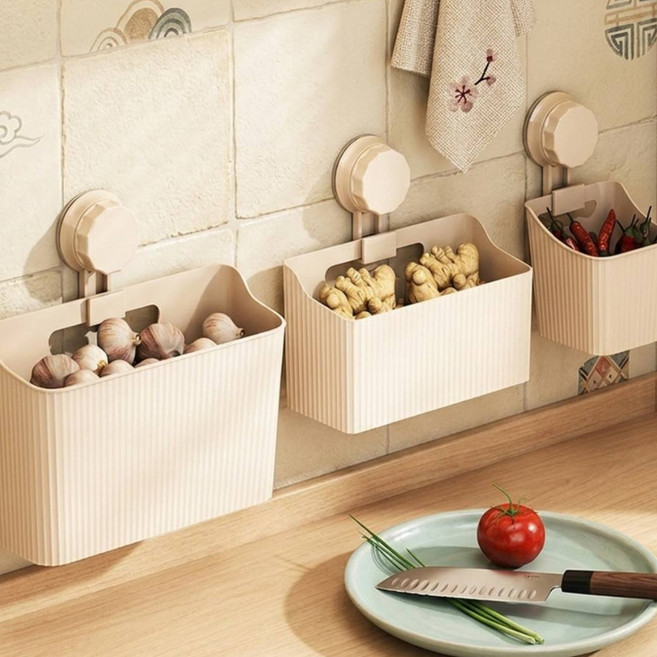강력 흡착 주방 벽걸이 수납함 타공없는 싱크대 정리함 다용도 바구니, 1개, 크림화이트