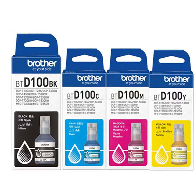 브라더 정품 BTD100BK 잉크 검은색 BTD100C M Y 잉크 brother Ink 잉크 4색세트 DCP-T536DW T730DW MFC-T930DW 프린터 잉크에 적합, 1개, Brother BTD100 [ KCMY-4컬러세트 ]