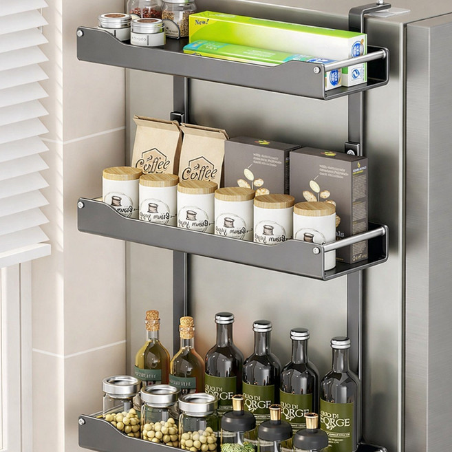 무타공마켓 냉장고걸이형 다용도 선반 3단, 블랙, 1개