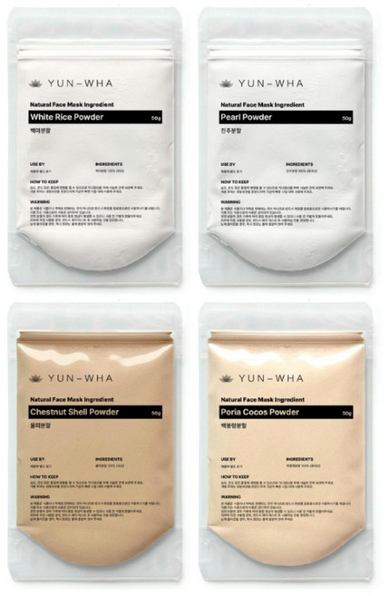 연화 천연팩가루 미백세트 4종 쌀가루팩 진주가루팩 율피가루팩 백봉령가루팩 4종, 1개, 4개입