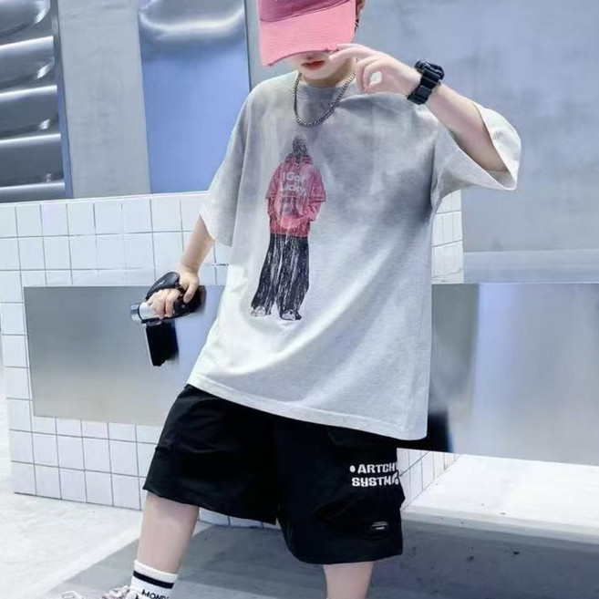 하와즈 초 중 생 스트릿 그라데이션 티셔츠 반바지 상하세트