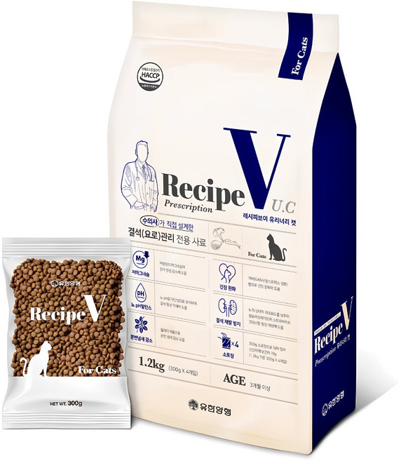 유한양행레시피브이 고양이 처방식 사료, 유리너리+결석, 1.2kg, 1개