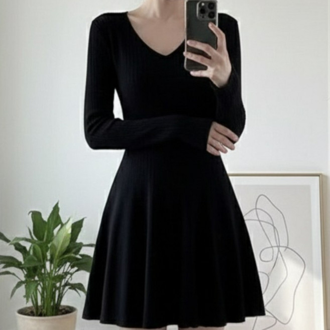 브이넥 슬림핏 골지 플레어 미니원피스 긴팔 하객룩 원피스