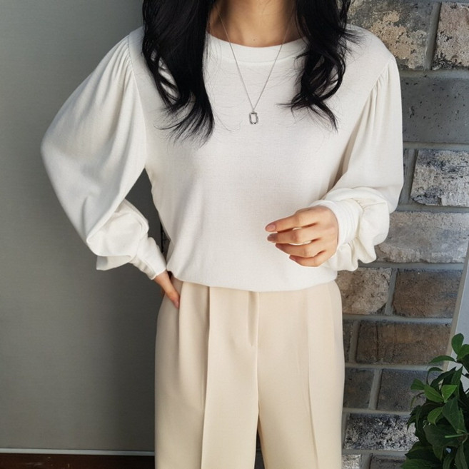 상상그이상 여성용 국내제작 실루엣 퍼프 티블라우스 부드러운 레이온 소재 단정한 라운드넥 티셔츠 하객룩 블라우스