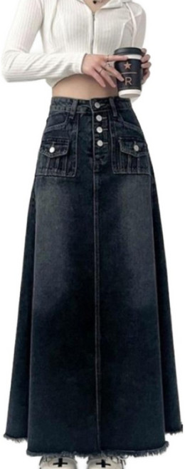 SAHINER 여성 데님 하이웨스트 롱 스커트 버튼 포켓 봄가을 AQZ49