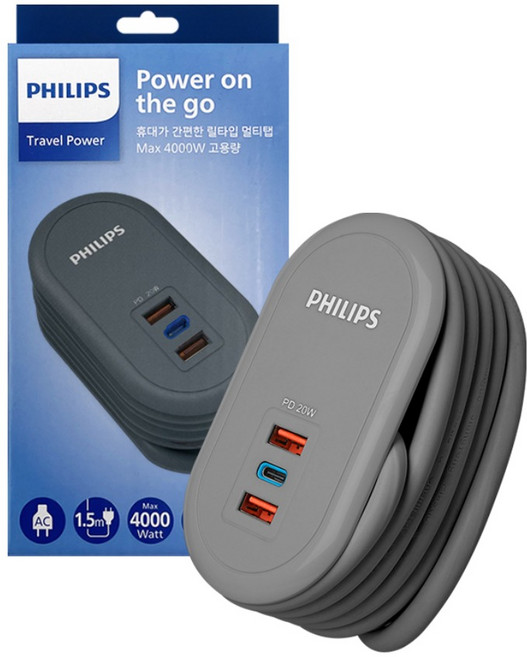 필립스 파워트래블 고용량 멀티탭 USB C타입 A타입 납작플러그 여행용, 그레이 CHP4110G, 1개, 1.5m