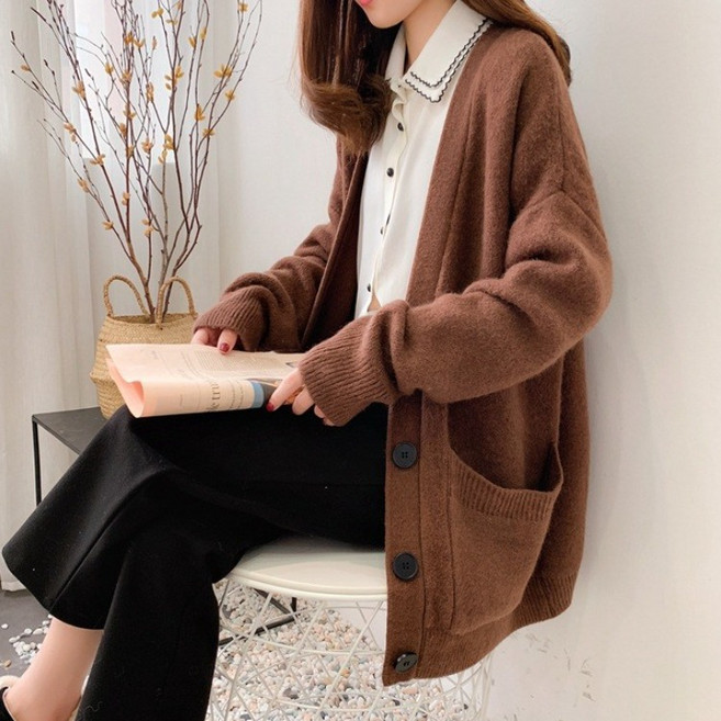 스타일아유 V넥 오버핏 가디건 여성 스웨터 하프 기장 와이드 니트 가디건 5 COLORS [AYA8CD0105]