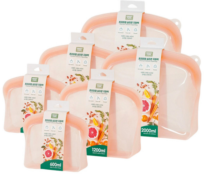 [스마트포크]실리콘지퍼백 푸드백 600ml1200ml2000ml 다회용 밀폐 보관용기 전자렌지용, 600+1200+2000mlx핑크x2세트