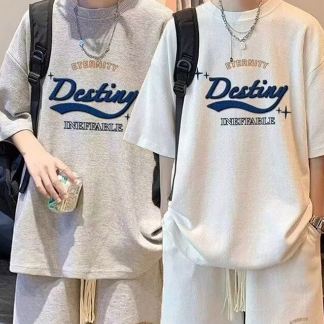 1+1 2세트 반팔 트레이닝복 루즈핏 캐주얼 레터링 반팔 반바지 투피스 빅사이즈 여름 시원한 데일리복 상하의