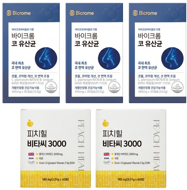 [실온 리뉴얼] 바이크롬 코 유산균 + 피치약사 고함량 비타민C 3000 세트, 5개, 30정