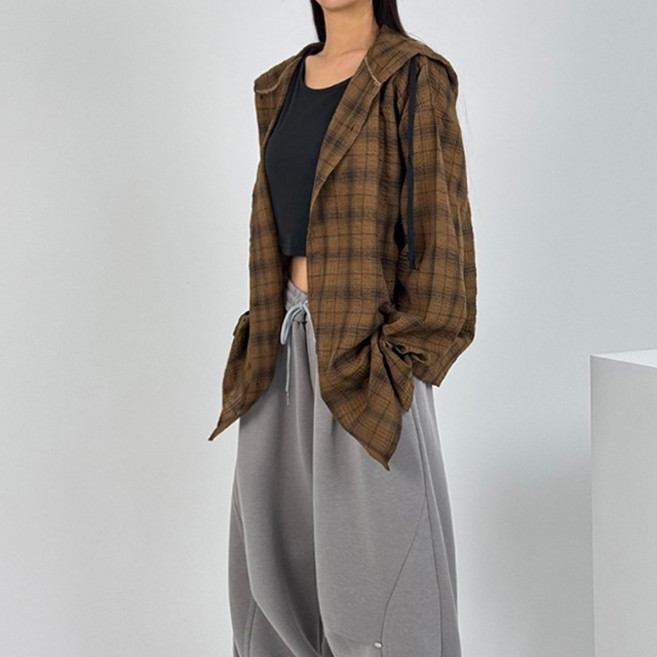 바이일이오 링클 후드 오버핏 루즈 체크 셔츠 남방