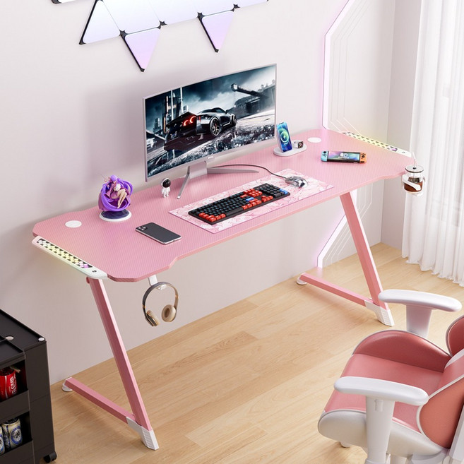 월로덴 게이밍 컴퓨터책상 RGB LED Z형 스틸 프레임 컵홀더 헤드셋거치대 포함, 핑크(160*60*75)