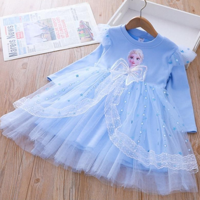 겨울왕국 엘사공주 신형 긴팔드레스 가을 겨울 생일잔치 레이스 원피스(사은품:왕관 요술봉)