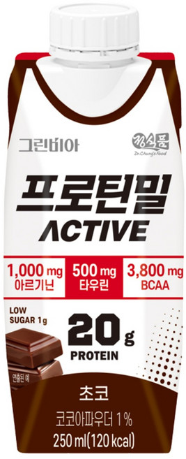 정식품 그린비아 프로틴밀 액티브 초코맛 프로틴음료 고단백질영양설계 아르기닌 저당설계, 54개, 250ml